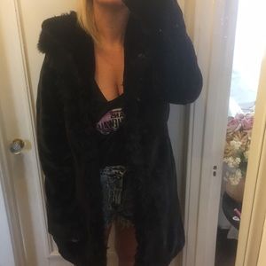 Rad black faux fur oversized jacket with hood